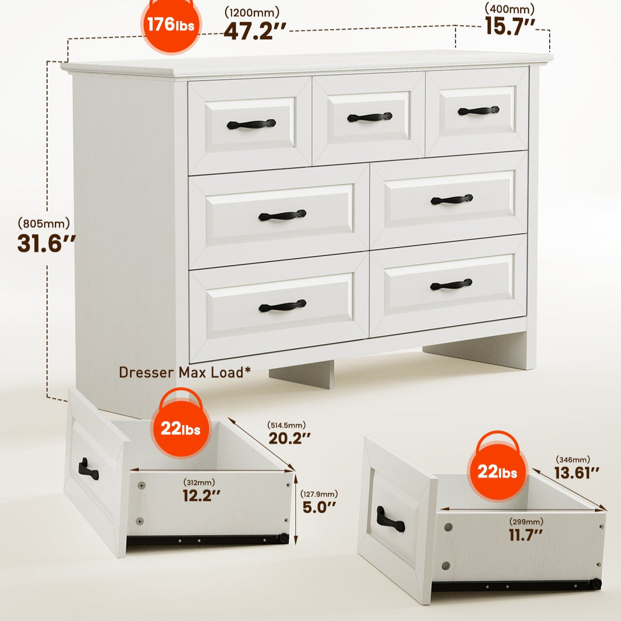BAYCLARA Pearl White Dresser,5–8 Drawer Storage Chest