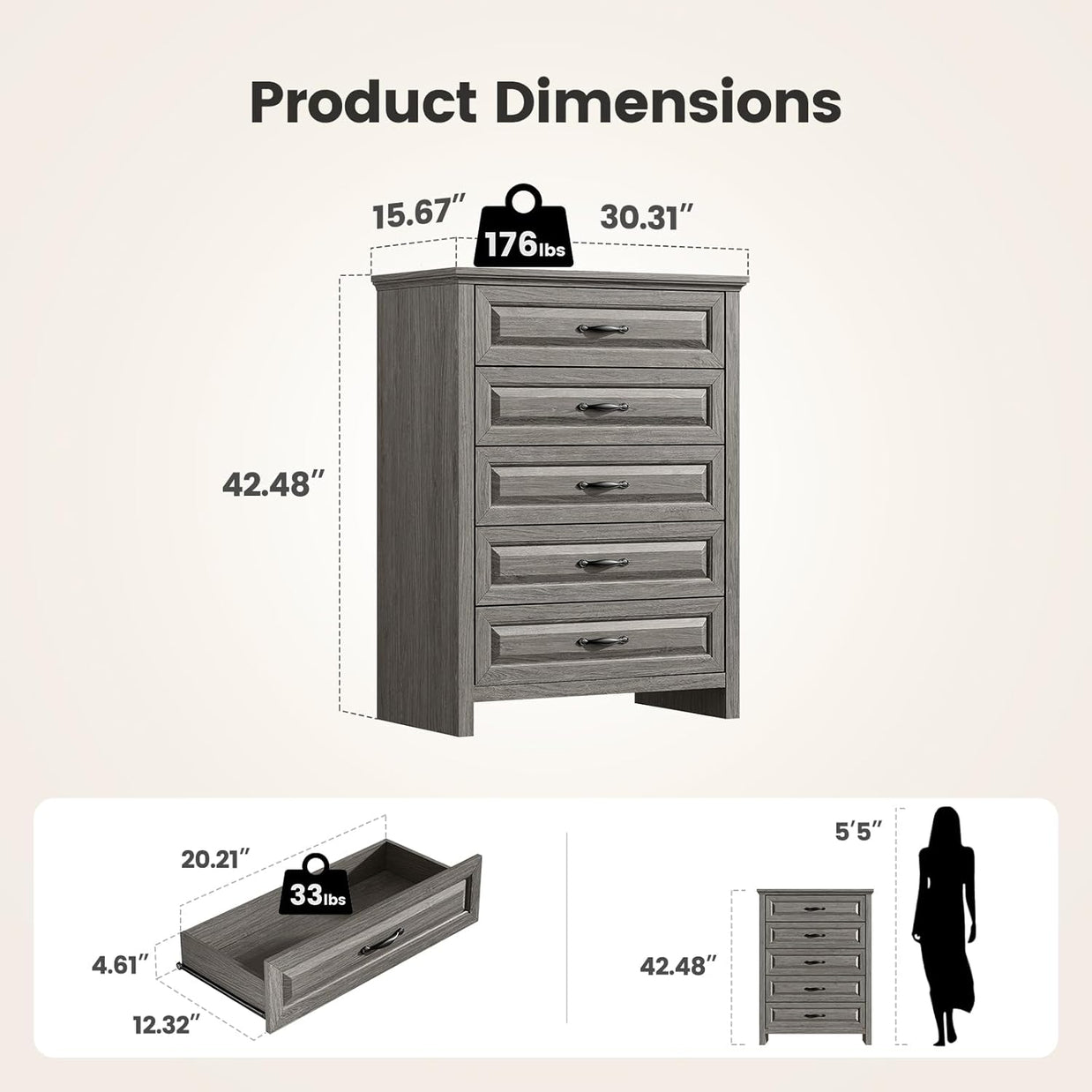 BAYCLARA Pearl Dresser,5 Drawer