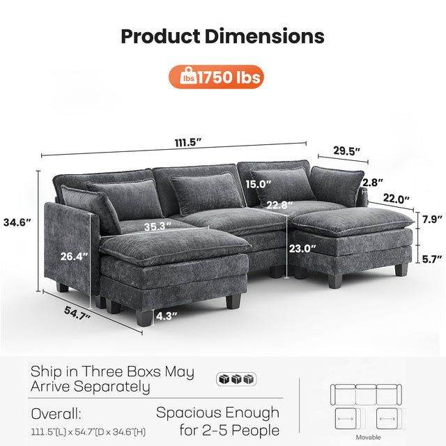 BAYCLARA 111.5“ U Shaped Modular Chenille Sectional Sofa Couch