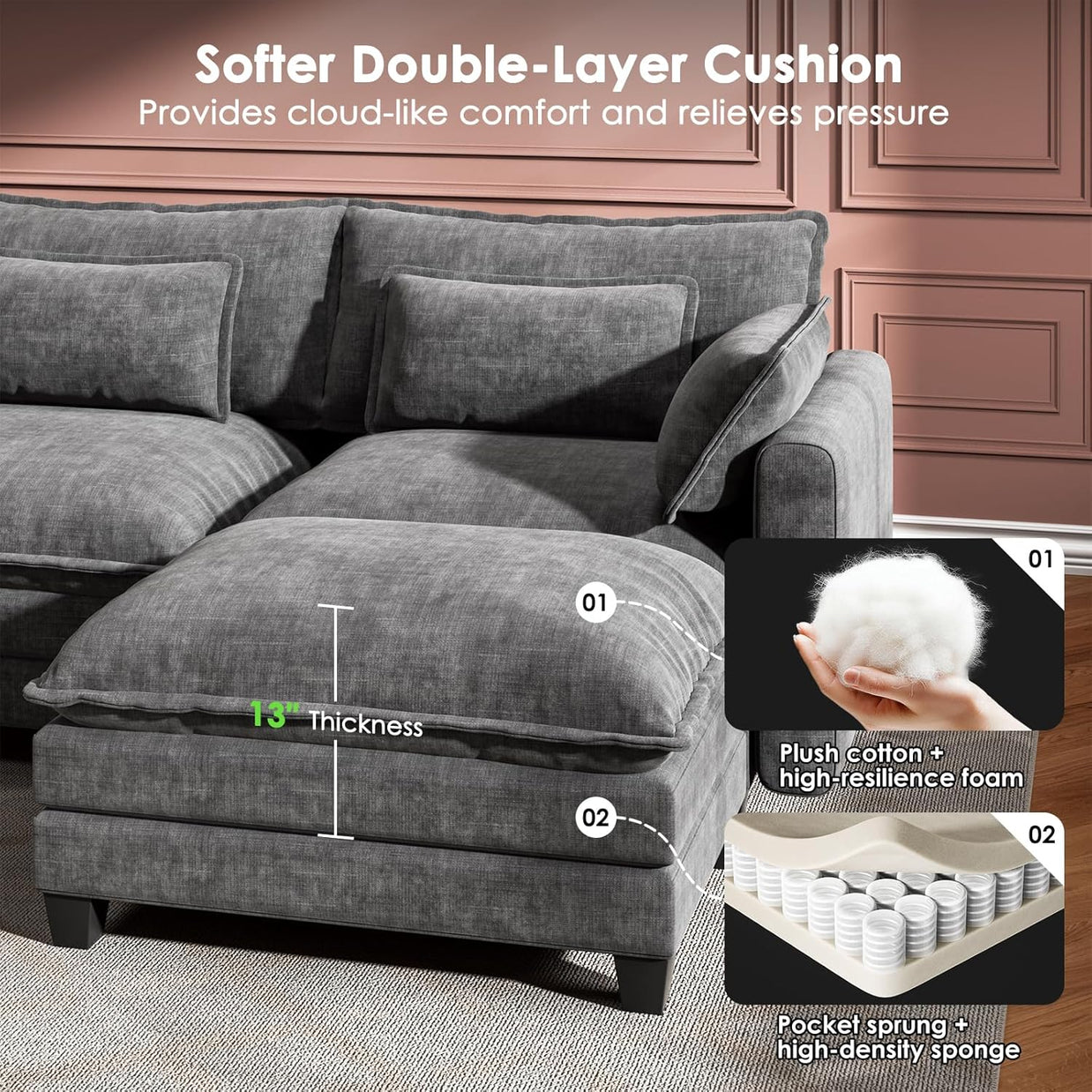 BAYCLARA 111.5“ U Shaped Modular Chenille Sectional Sofa Couch