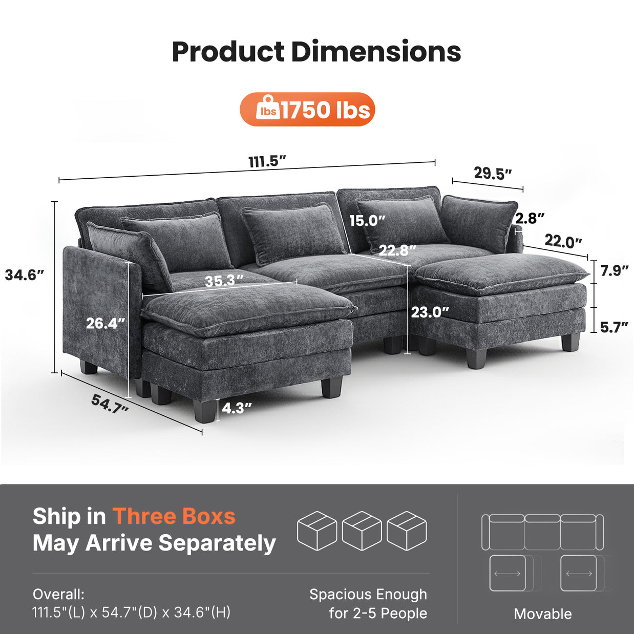 BAYCLARA 111.5“ U Shaped Modular Chenille Sectional Sofa Couch