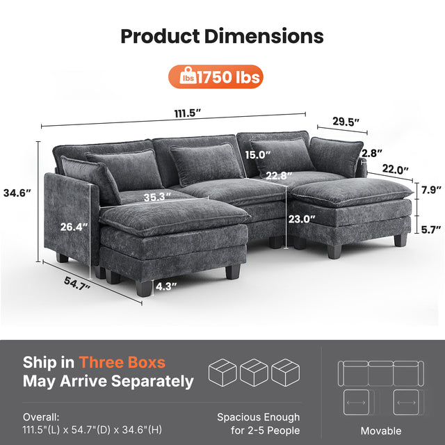 BAYCLARA 111.5“ U Shaped Modular Chenille Sectional Sofa Couch