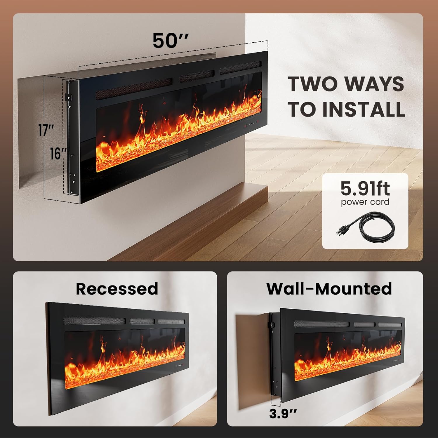 BAYCLARA Electric Fireplace Heater with App